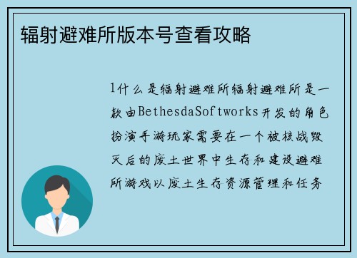 辐射避难所版本号查看攻略